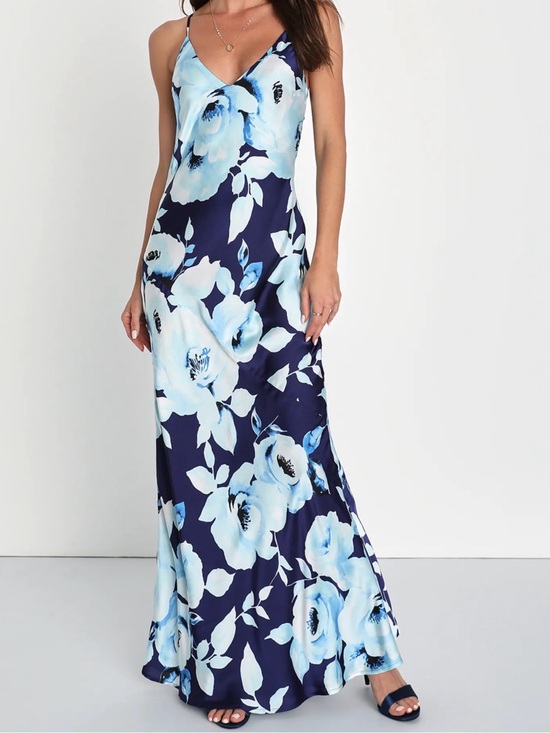 Lulus Dresses & Skirts - New with Tags – Lulus Graceful Aura Navy Blue Floral Satin Cutout Slip Maxi Dres